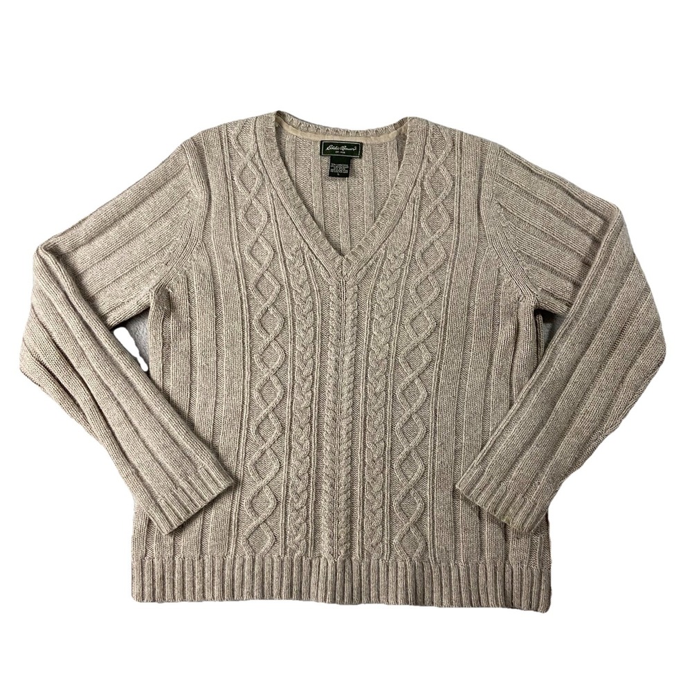Eddie Bauer V-neck Long Sleeve Cable Knit Sweater Beige Women L Preppy Fisherman